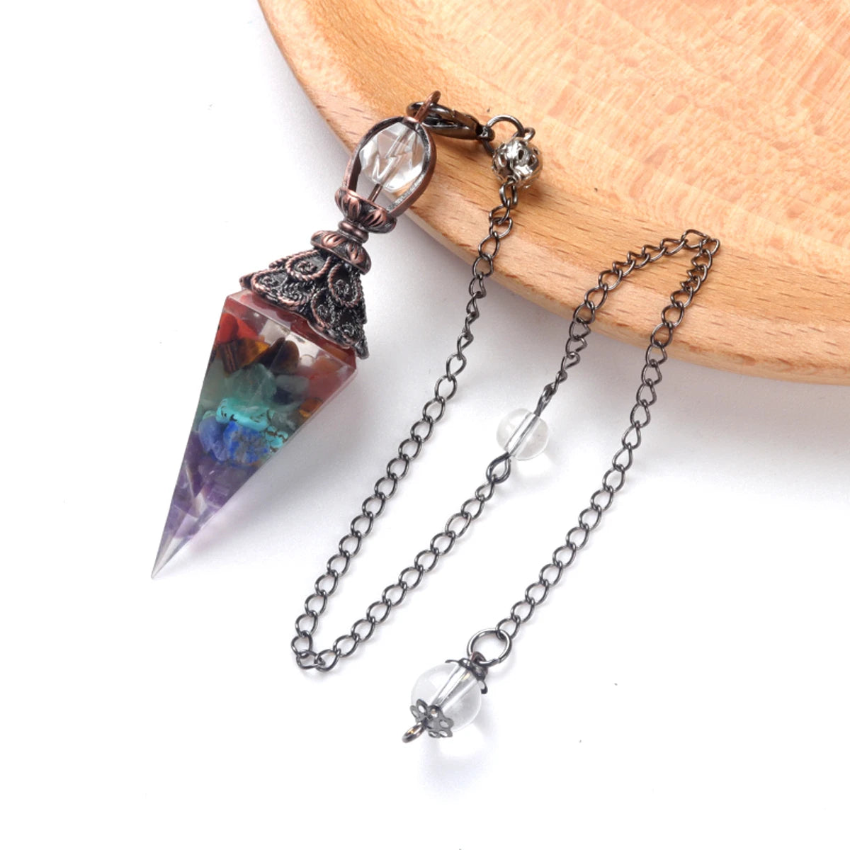 Natural Stones Pendulum for Dowsing Divination 7 Chakra Resin Crystal Hexagonal Column Cone Spirit Pendant Reiki Pendule