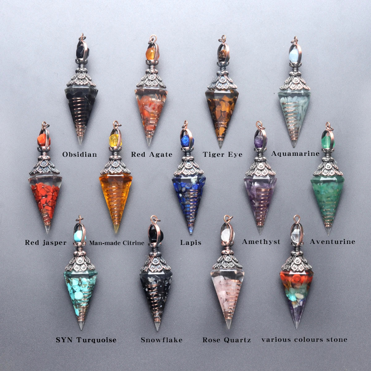 Natural Stones Pendulum for Dowsing Divination 7 Chakra Resin Crystal Hexagonal Column Cone Spirit Pendant Reiki Pendule
