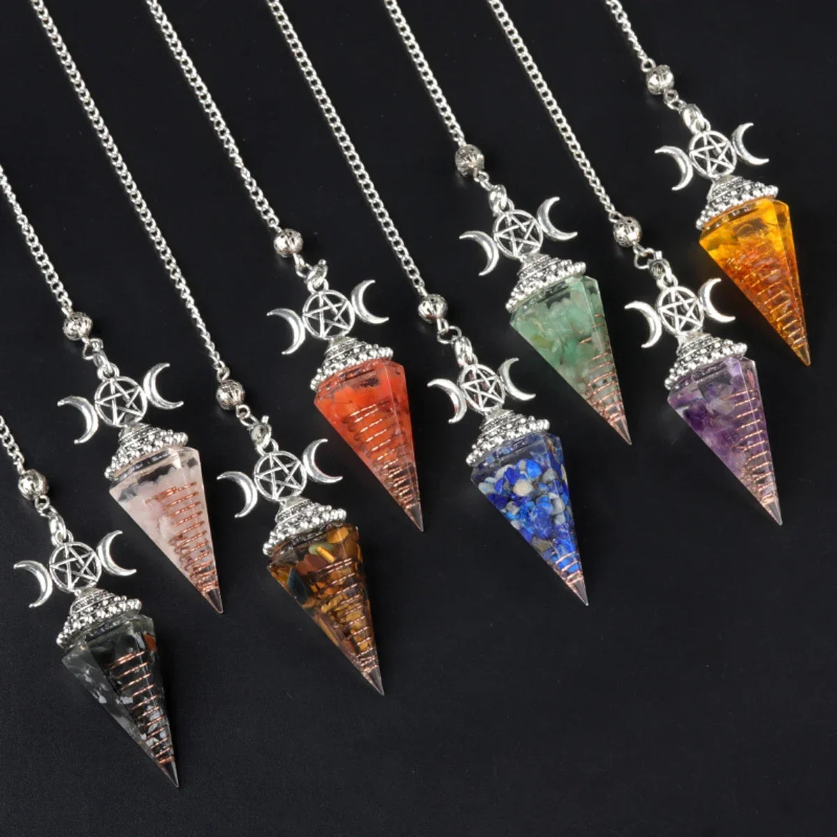 5pc Spiritural Crystal Pendulum for Divination Reiki Healing Natural Stone Cone Pendant Amazonite Amethyst Agate Carved Pendules