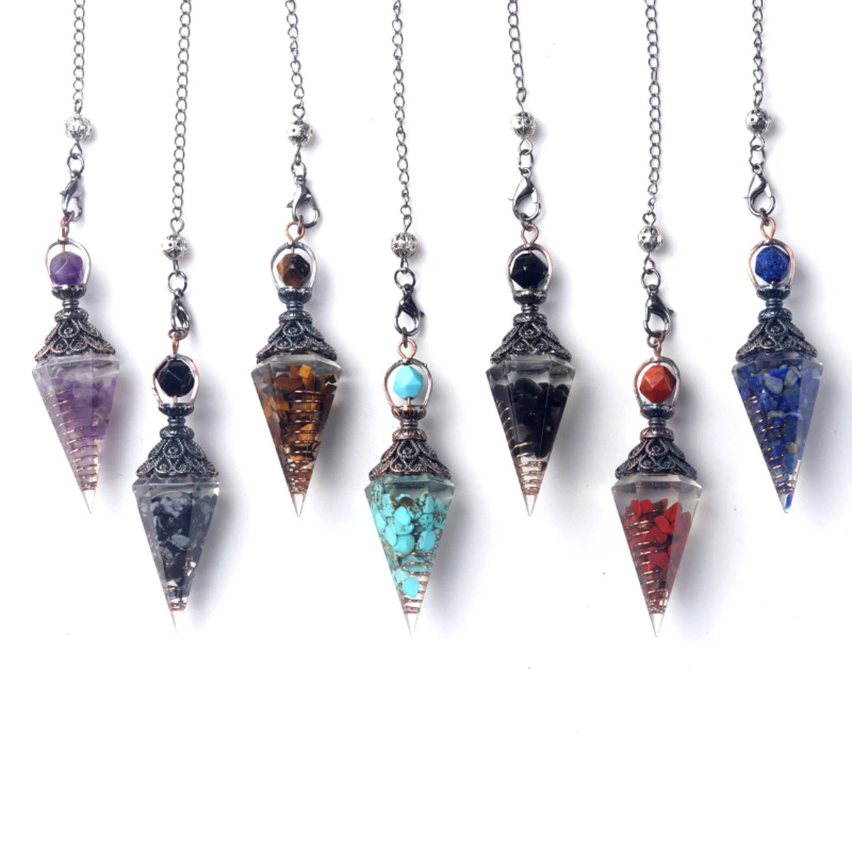 Natural Stones Pendulum for Dowsing Divination 7 Chakra Resin Crystal Hexagonal Column Cone Spirit Pendant Reiki Pendule