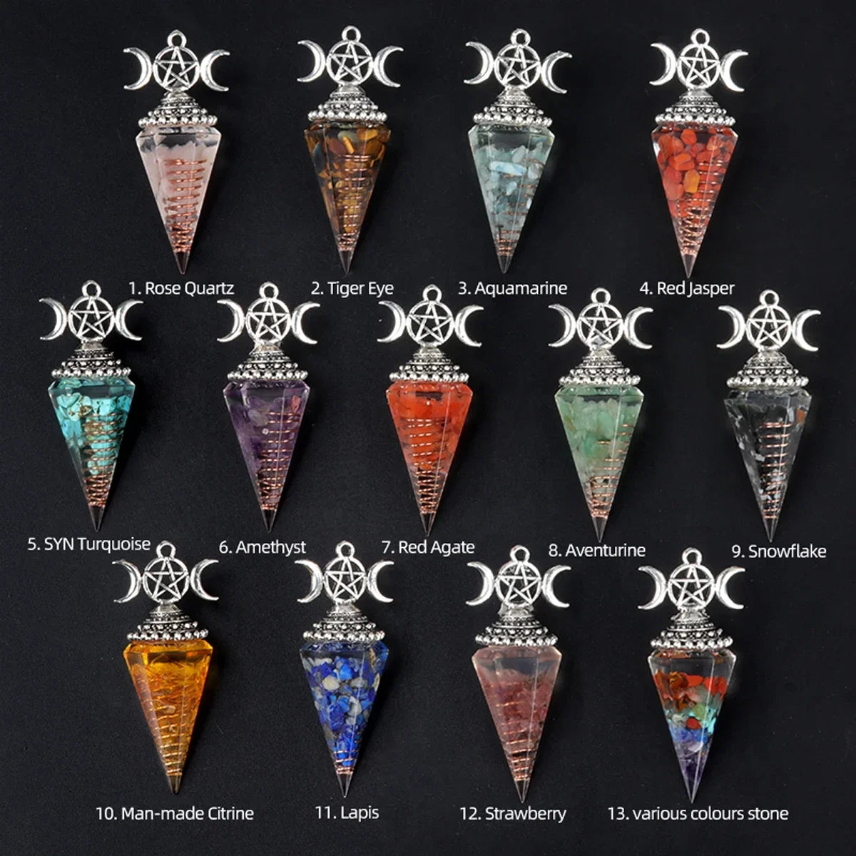 5pc Spiritural Crystal Pendulum for Divination Reiki Healing Natural Stone Cone Pendant Amazonite Amethyst Agate Carved Pendules