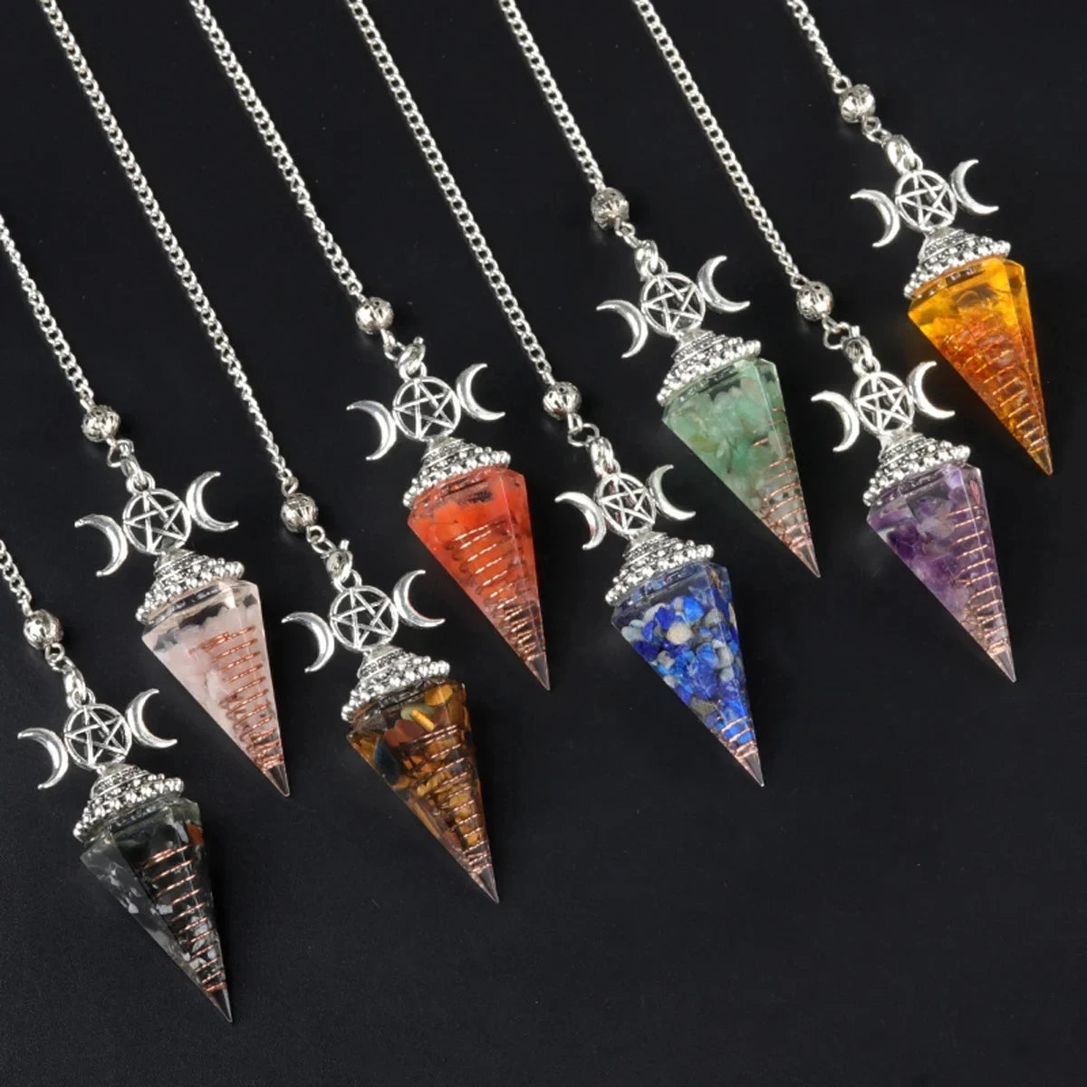 5pc Spiritural Crystal Pendulum for Divination Reiki Healing Natural Stone Cone Pendant Amazonite Amethyst Agate Carved Pendules